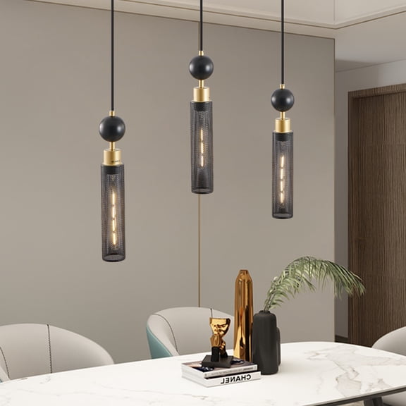 Jopath Modern 3-Light Pendant Chandelier, Adjustable Hanging Lights with Cylindrical Mesh Shades, for Dining Room, Kitchen Island, or Living Room Lighting Black and Gold (No Bulbs)
