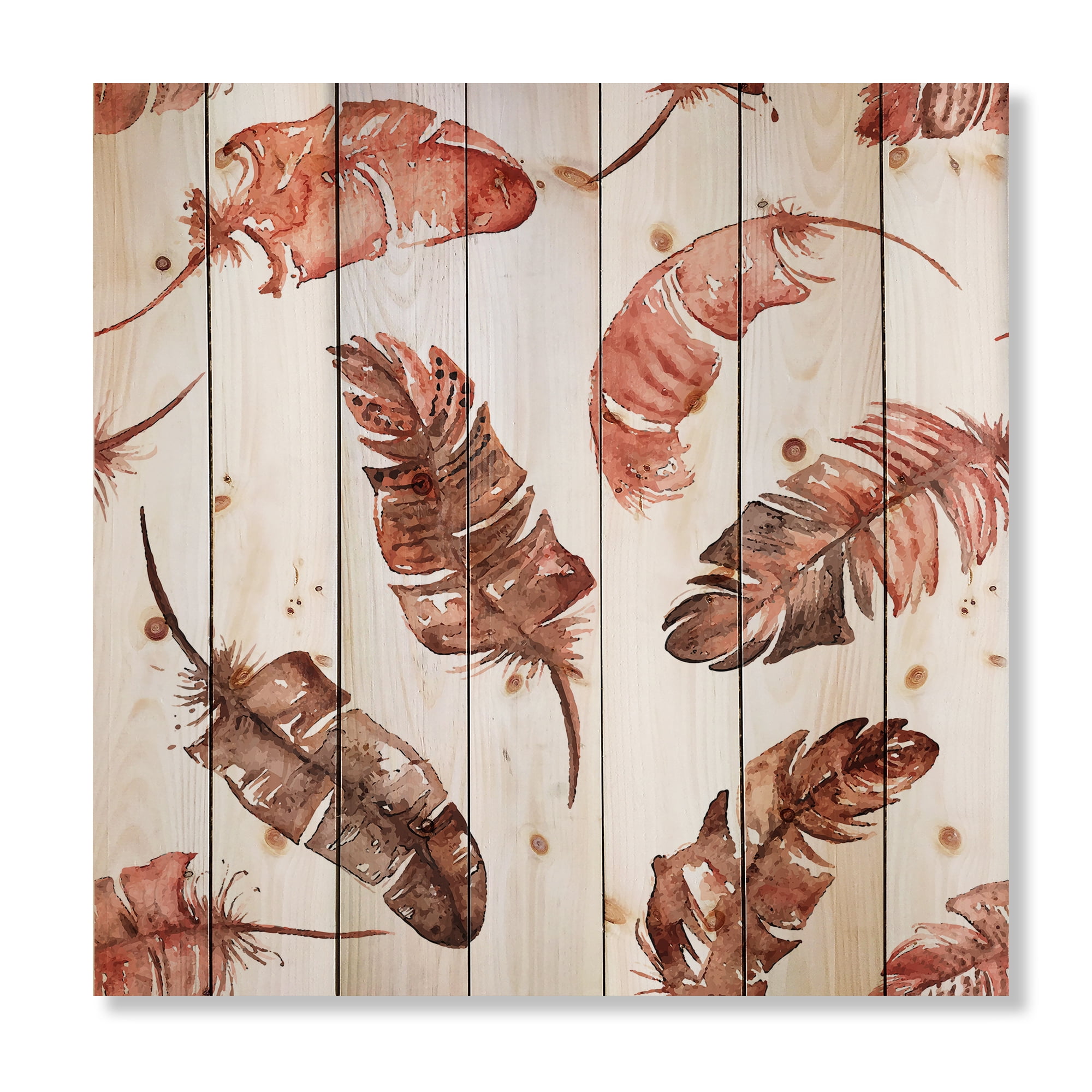 Designart 'Ethinic Orange Feathers On White' Bohemian & Eclectic Print on Natural Pine Wood