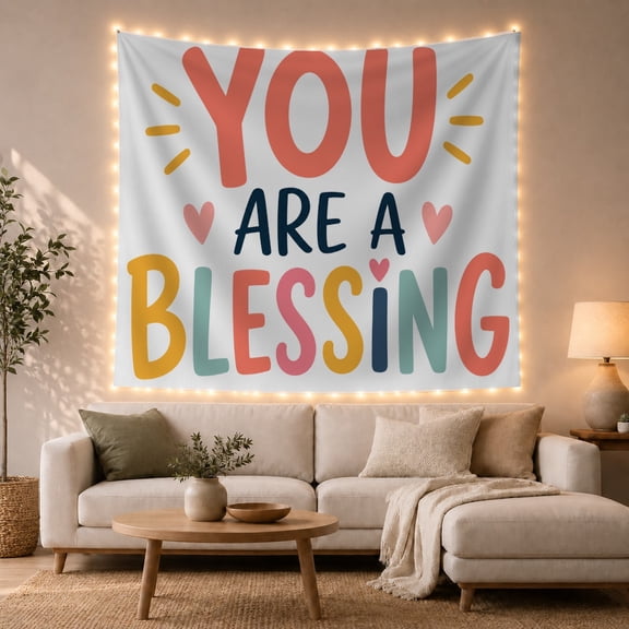 "You Are a Blessing" Typography on White Background, Whimsical Boho Art for Women, Inspirational Art Decor, Housewarming Gift, Tapestry Wall Hanging for Bedroom and Living Room