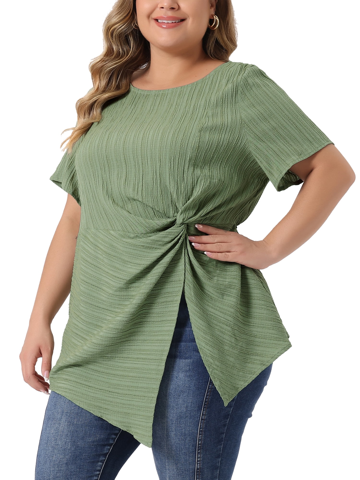 Unique Bargains Women Plus Size Asymmetrical Hem Round Neck Short Sleeve Twist Knot Top 2X Green