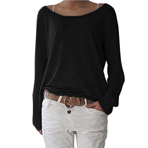 Dyfzdhu Long Sleeve T-shirt For Women Solid Color Knitted T-shirt Top Round Neck Long Sleeve Bottoming Shirt Casual Top