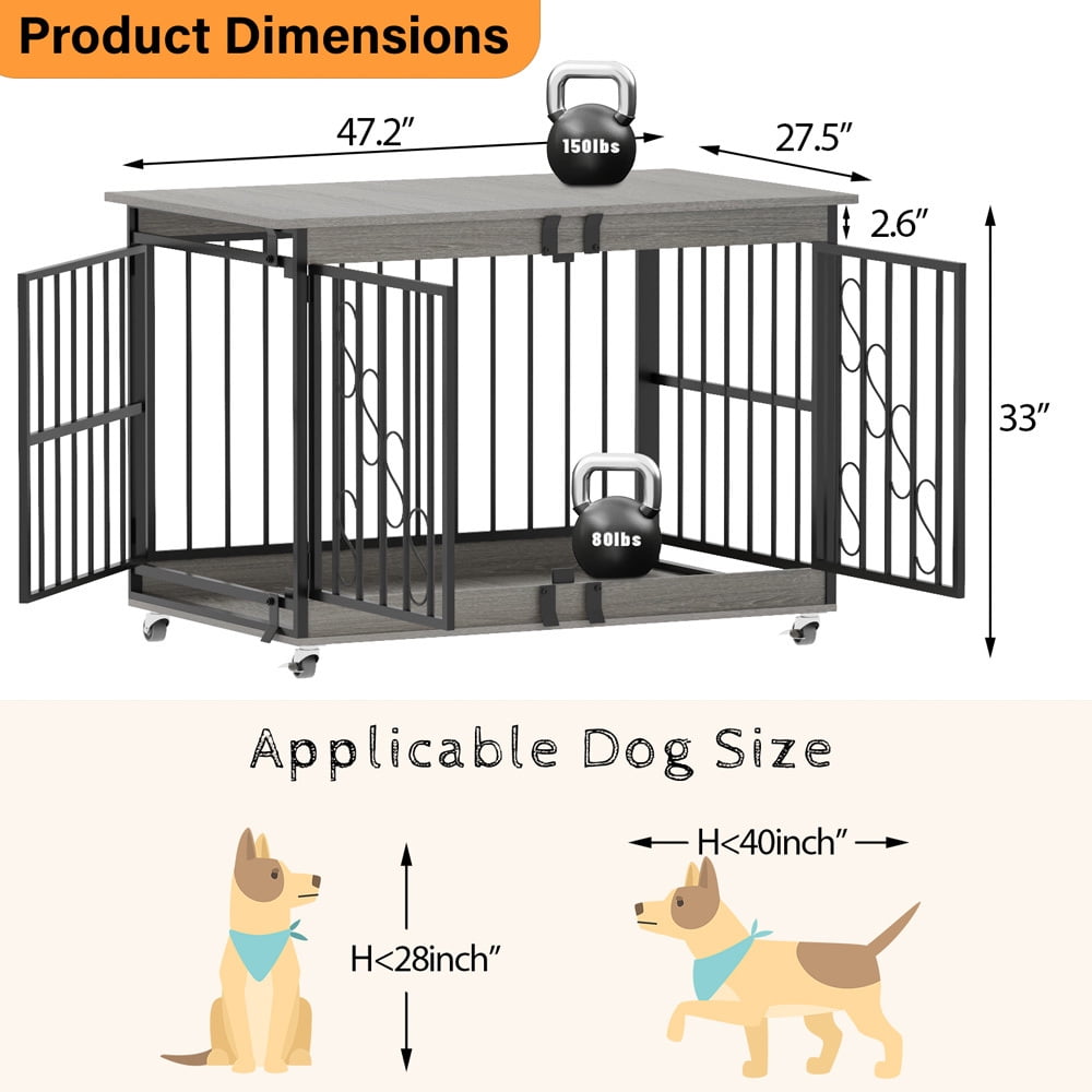 48" Heavy Duty Dog Crate Furniture, Double Door Dog Kennel with 360° Wheels, Decorative Indoor Pet House Table for XL Dogs, Gray
