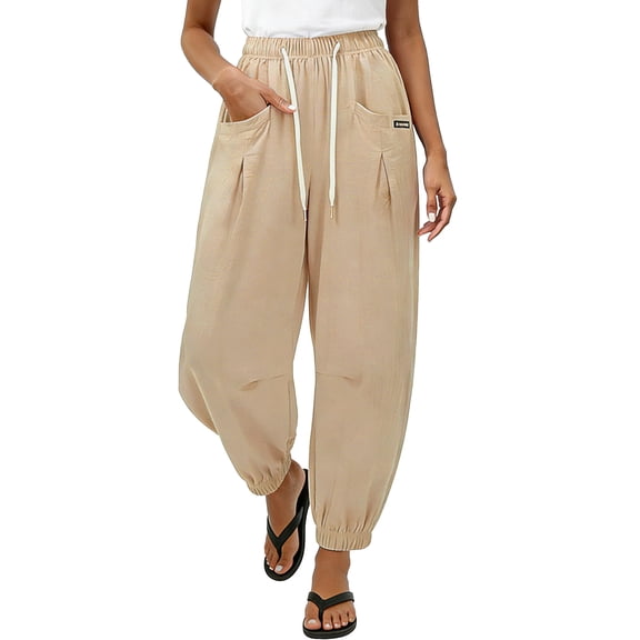 DHFJKG Tapered Linen Pants Women High Waisted Casual Drawstring Loose Fit Summer Harem Ankle-Tied Pants Soft Trousers