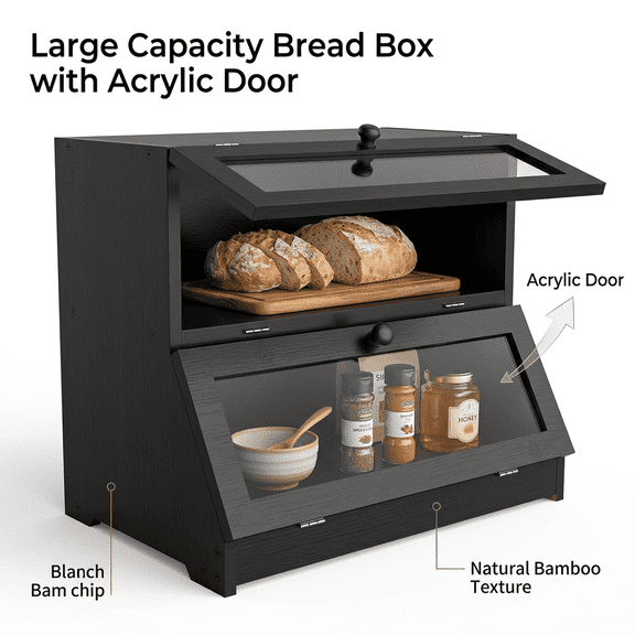 YUCHANG Double Layer Bamboo Bread Box -Large Capacity Bread Storage Container for Kitchen Counter,with Acrylic Door Panel Family Gift(Black)