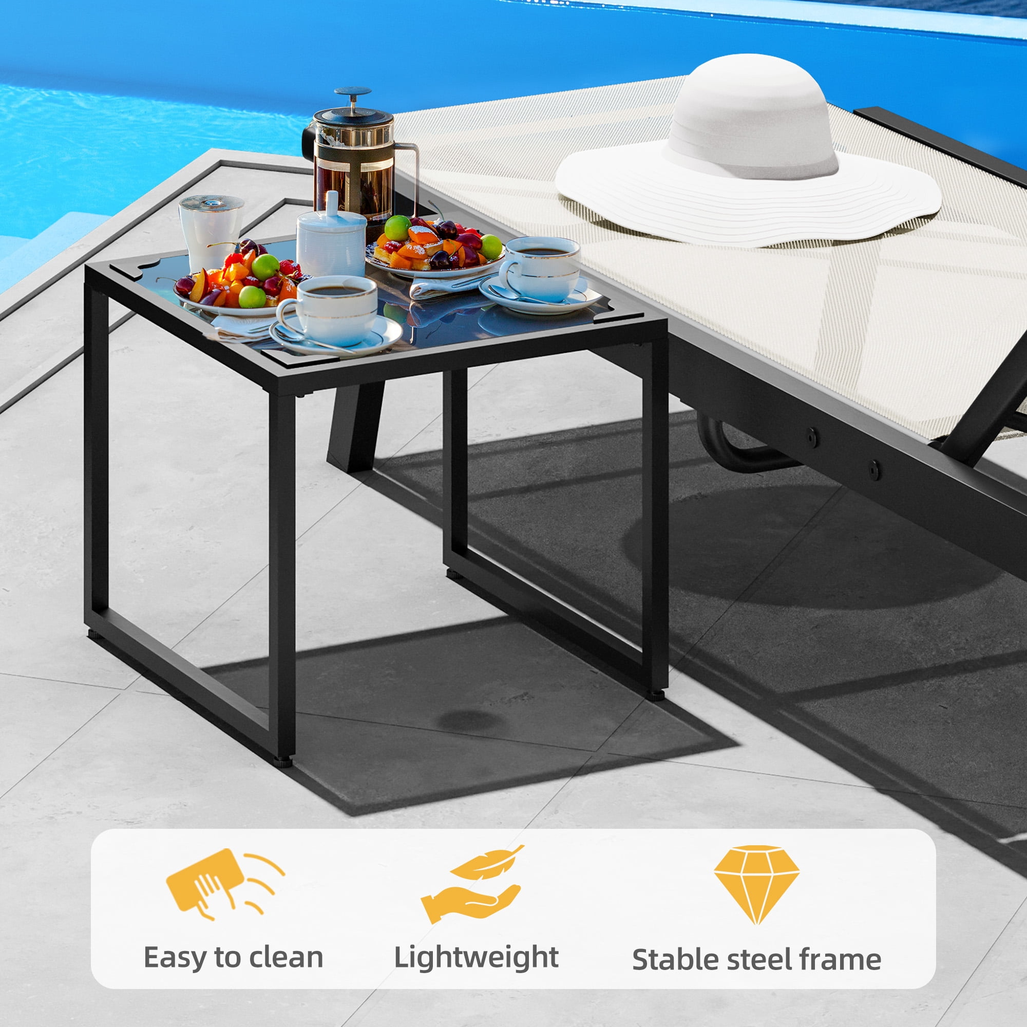 Uforic 3pcs Outdoor Chaise Lounge Set, 2 Adjustable Loungers with Side Table, Wheels, Beige