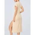 thumbnail image 3 of Cupshe Women's White Round Neck Ruching Short Sleeve Solid Bodycon Dress Cocktail Party Side Slit Long Dress, 3 of 7