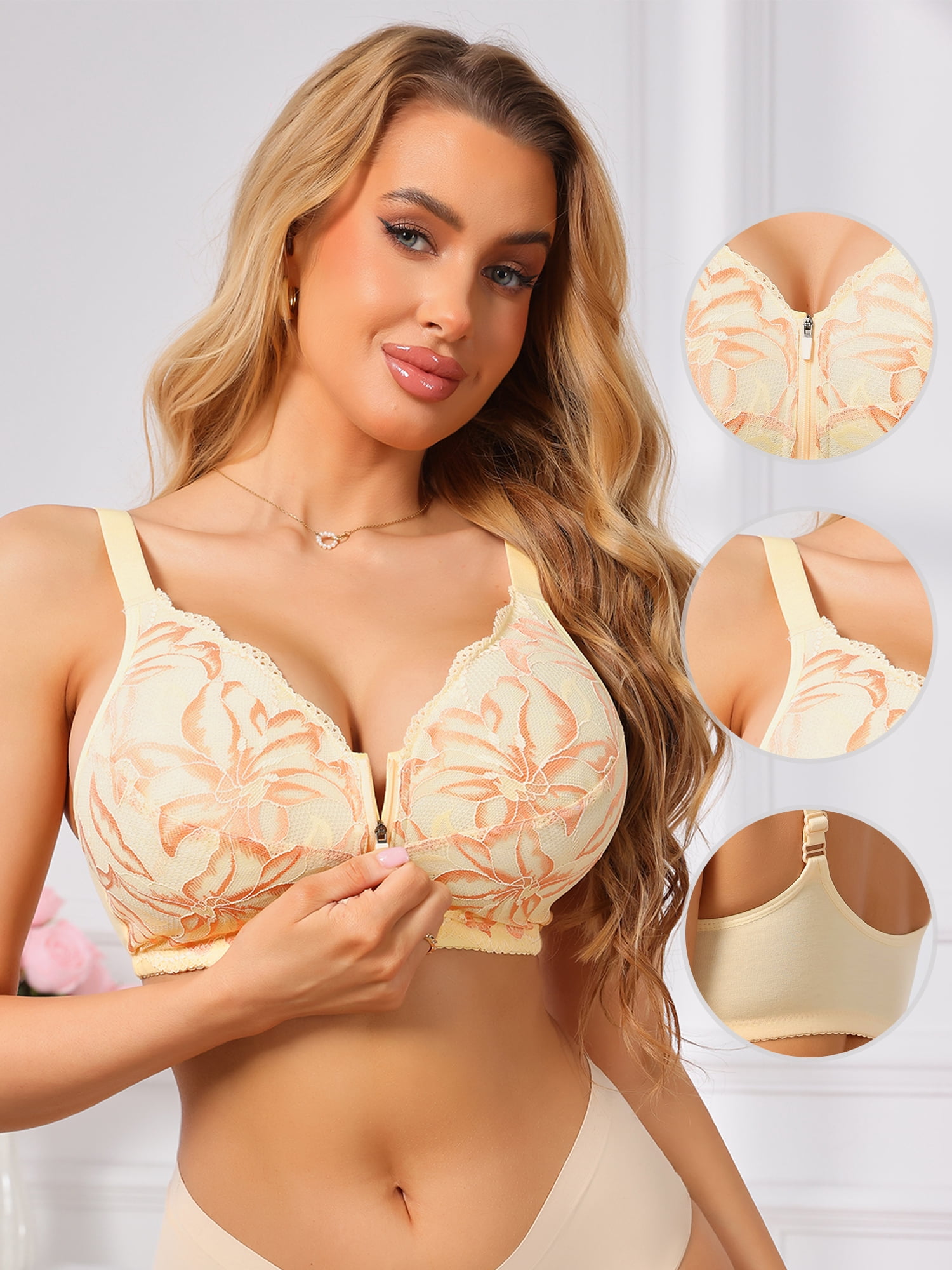 DARING DIVA Women's Lace Front Zipper Push Up Full Coverage Wireless Bra 2XL Beige