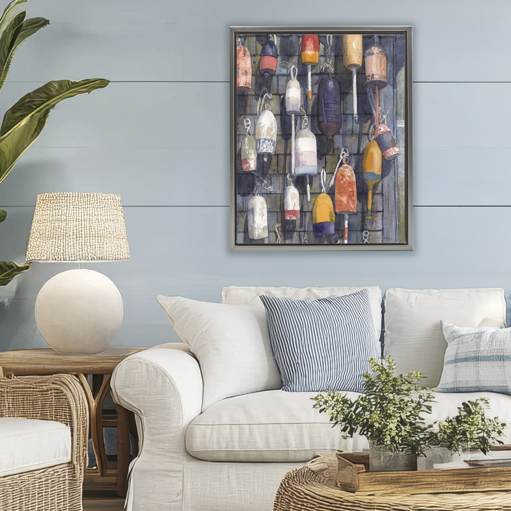 Stupell Industries Watercolor Hanging Buoys Gray Framed Floater Canvas Wall Art, design by Patti Bishop