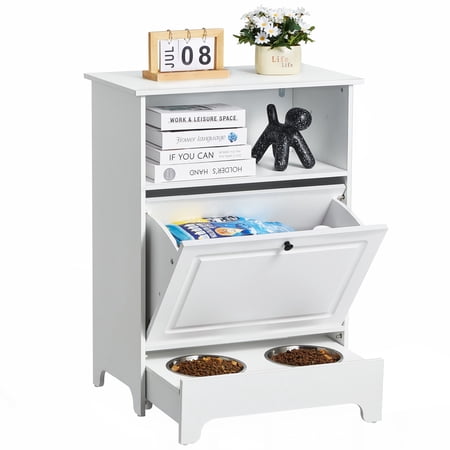 KFFKFF Pet Feeder Station, Dog Food Storage Cabinet with 2 Raised Bowl, Tilt-Forward Storing Unit, Multifunctional Pet Supplies Organizer Cabinet, Suited for Feeding and Watering