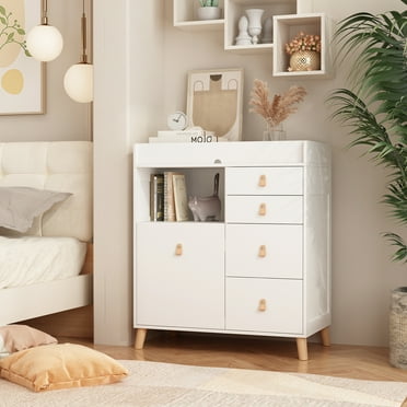 AIEGLE Changing Table with Drawers, White Baby Dresser with 5 Drawer and Open Compartment