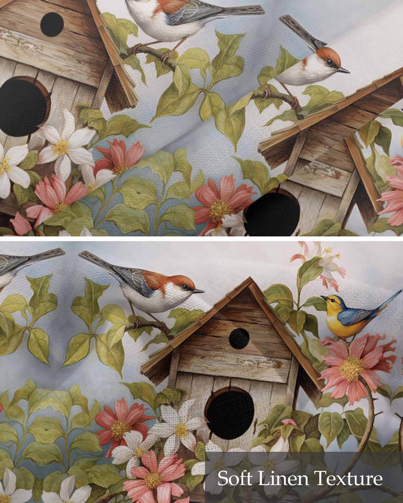 Birdhouse Linen Curtain Valance for Bedroom/Bathroom/Kitchen/Office/Living/Dining Room Window,Farmhouse Leaves Country Vintage Animal Rod Pocket Topper Decorative Cafe Drapes Panel 54"x18"