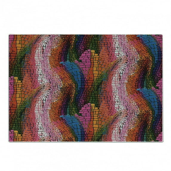 Modern Cutting Board, Abstract Rainbow Vivid Colorful Ombre Mosaic Geometrical Wavy Design Print, Decorative Tempered Glass Cutting and Serving Board, Small Size, Multicolor, by Ambesonne