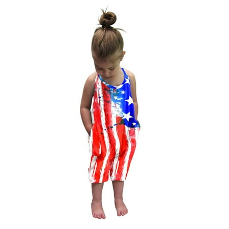 

Sodopo 4th of July Baby Girls Lace up Sleeveless Jumpsuit Independence Day Print Kids Boy Patriotic Strap Summer Sling Backless Short Romper Onesie