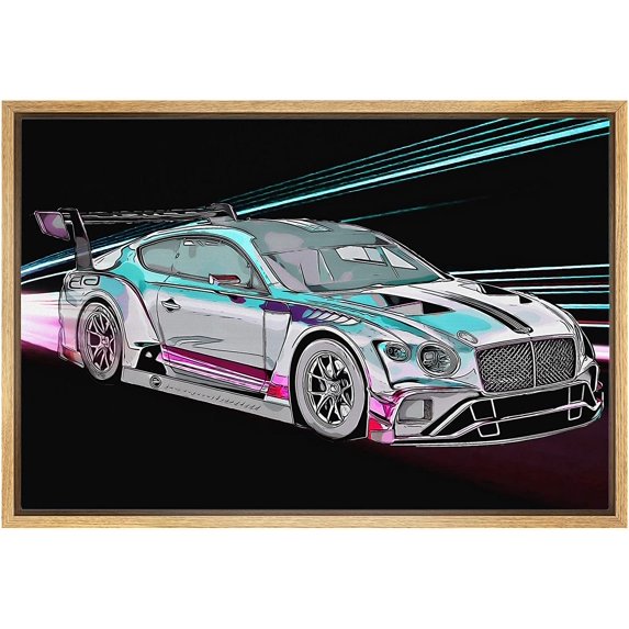 IDEA4WALL Framed Canvas Art Wall Decor Green Sporty Bentley Continental GT3 with Neon Teal Lights Transportation Cars Illustrations Pop Art Modern 3D for Dorm Home Office - 16"x24"