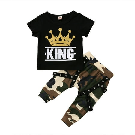 Toddler Kid Boy Short Sleeve Crown King Print T-Shirt Baby Bro Camo Long Pants Summer Clothes Outfit Sets 2PCS