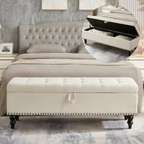 GZXS Cotton Linen Upholstered Storage Bench, 59" Long Tufted Bed Bench with Rubber Wood Legs, Modern Mid Century Storage Ottoman Seat for Window,Entryway,Living Room (Beige)