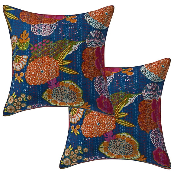 Stylo Culture Ethnic Chair Seat Throw Pillow Covers 16x16 Kantha Dark Blue Printed 40x40 cm Bedroom Decor Pillowcase Cotton Tropicana Square Cushion Covers | Set Of 2