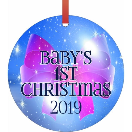 New Baby - Baby's First Christmas 2019 Ornament - Baby Girl Bow Round Shaped Flat Semigloss Aluminum Christmas Ornament Tree