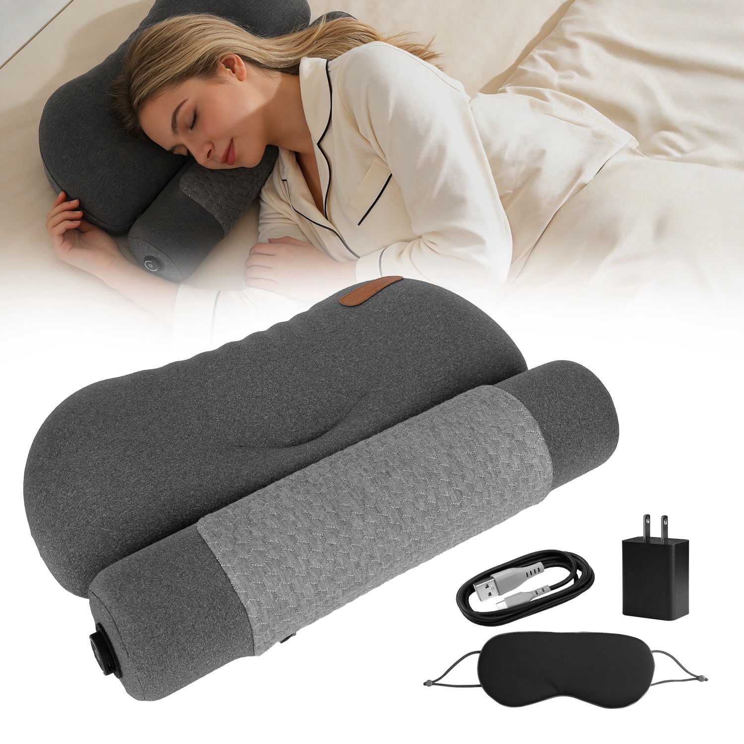 55D Heated Neck Pillow Memory Foam Cervical Support 3Heat Levels 30Mins Auto Off Overheat Protection Dark Grey Polyester Spandex USB Powered Home Office Travel Sleep Eye Mask Type C Adapter 17.72In