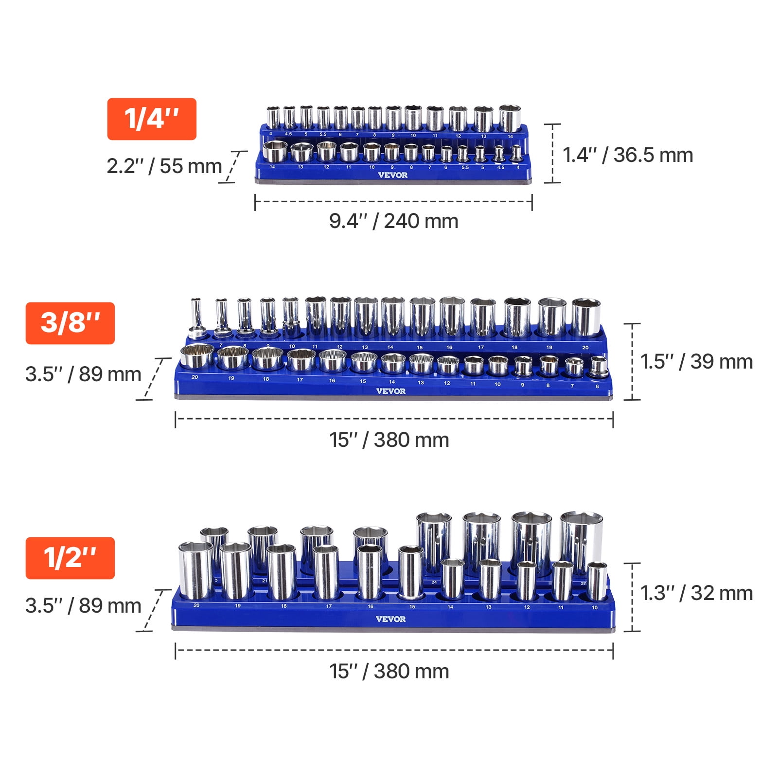 VEVOR Magnetic Socket Organizer Set, 8PCS Socket Holder, 1/4'', 3/8'' & 1/2'' Metric SAE Socket Trays with Clear Labels, Hold up to 199PCS Standard & Deep Sockets, Blaue & Red (Sockets Not Included)