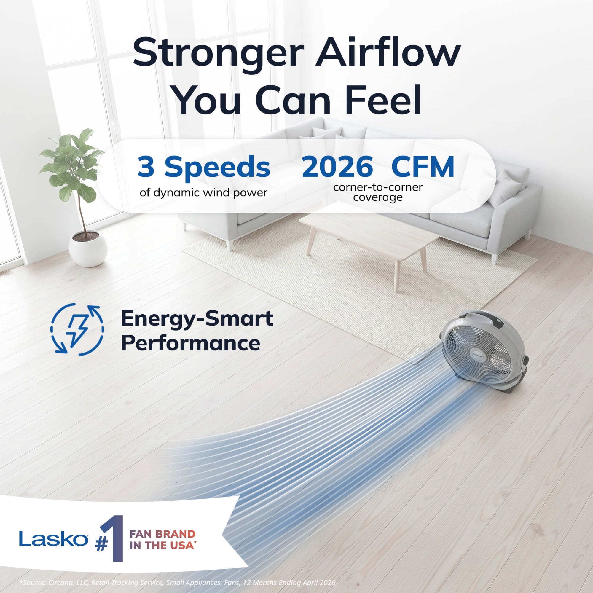 Lasko WindMachine 20" Large Floor Fan with Pivoting Head for Whole Room Cooling, 3-Speed  High Performance Air Circulator Fan, Gray, A20301