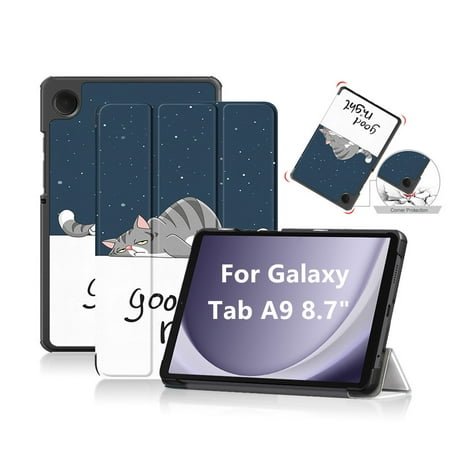 Cover For Samsung Galaxy Tab A9 8.7 inch SM-X110 SM-X115 SM-X117 Tablet Case PU Leather Tri-fold Hard PC Back Cover Tab A9 8.7" 2023 Case Funda Lazy Cat