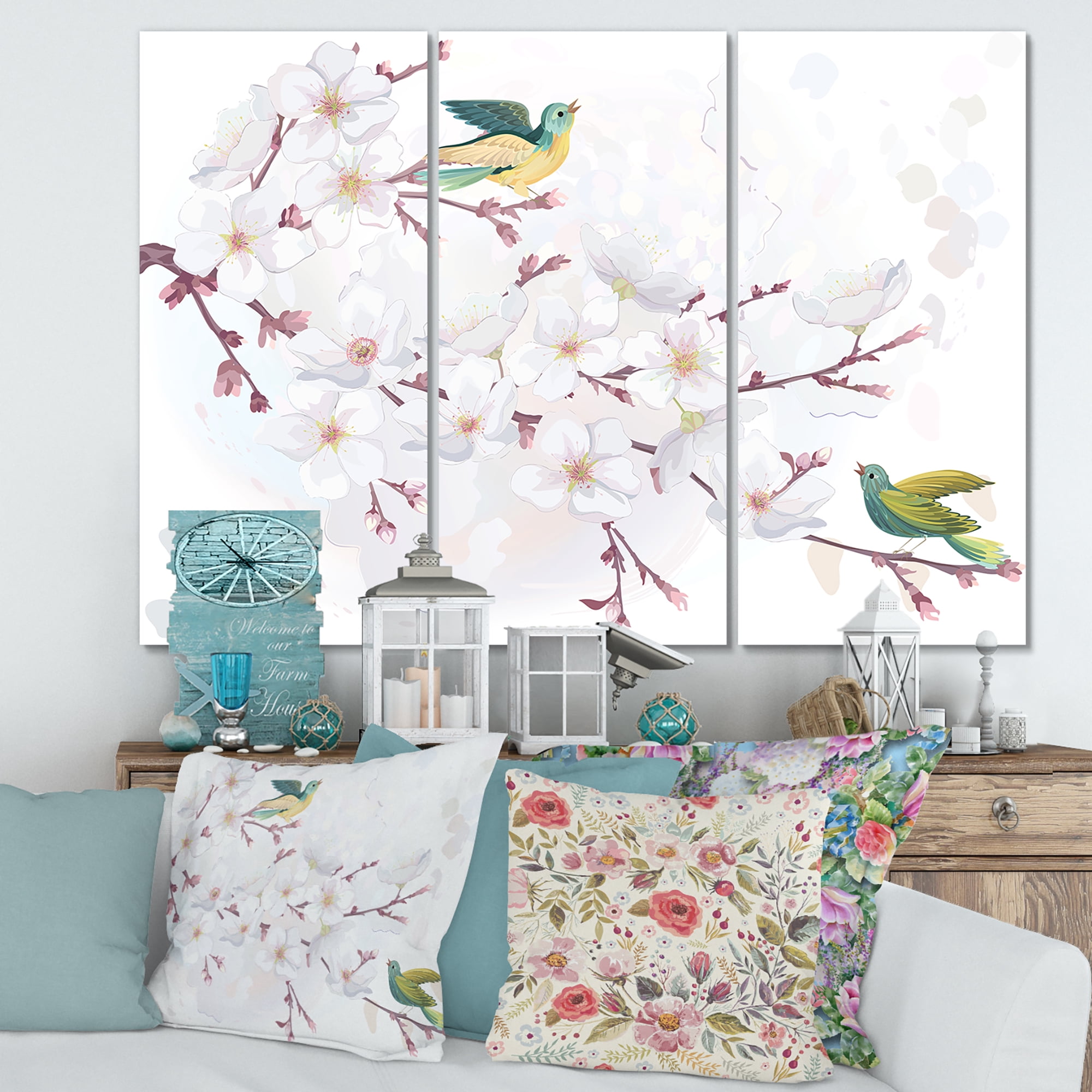 Designart ' Blossoming Cherry Tree and Birds ' Traditional Canvas Wall Art Print