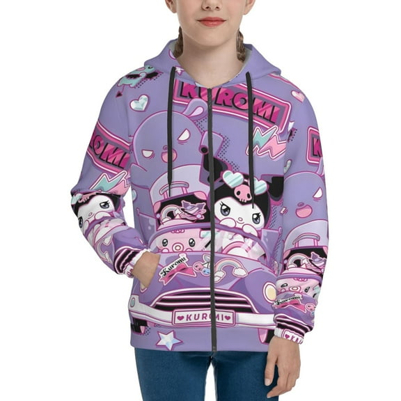 Kuromi Girls Hoodie Sweatshirt Full Zip Jacket Casual Teens Hoodie with Pocket S7-8