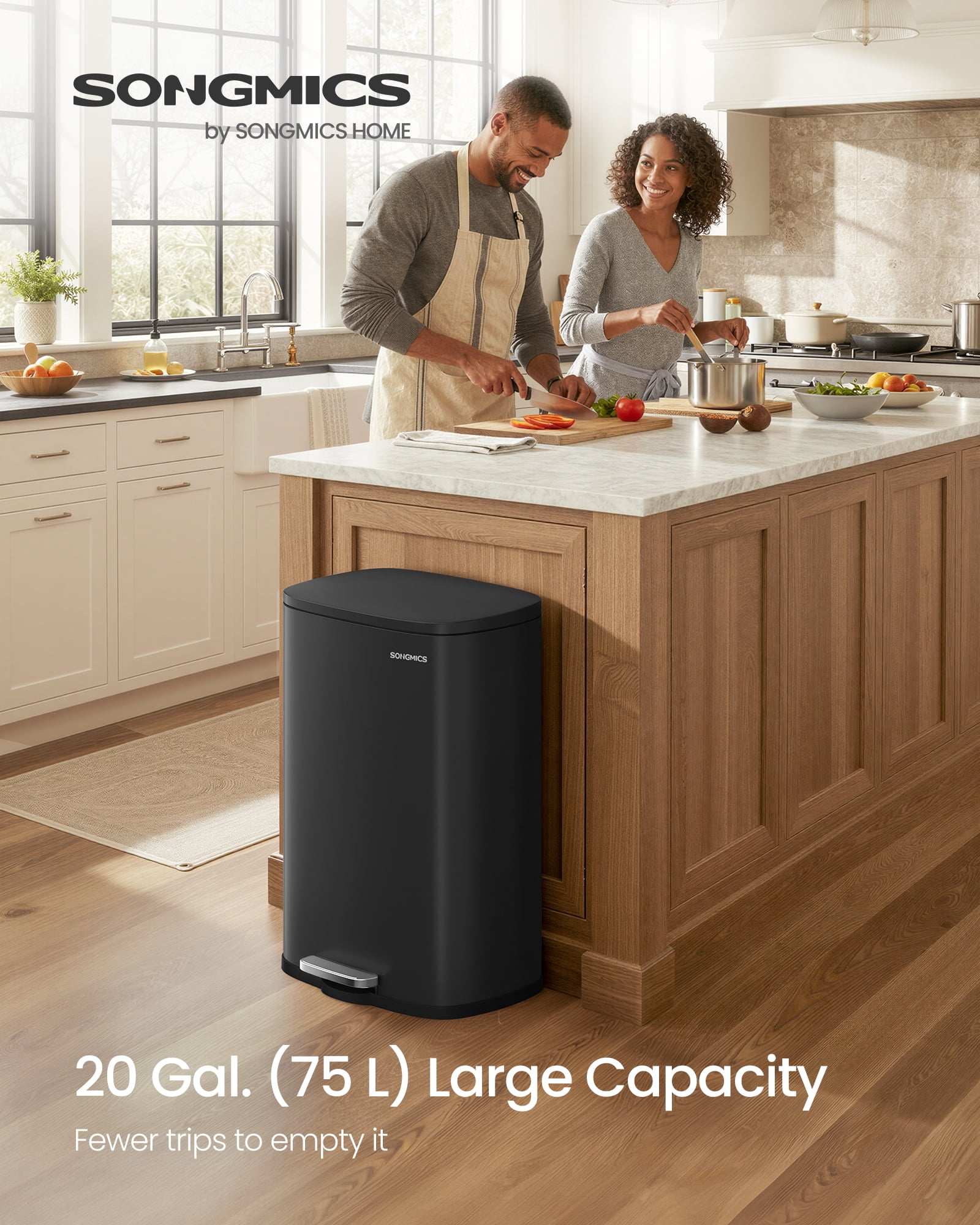 SONGMICS 20-Gallon (75 L) Trash Can, Stainless Steel Kitchen Garbage Can, Soft Close, Step-On Pedal, Removable Inner Bucket, Black