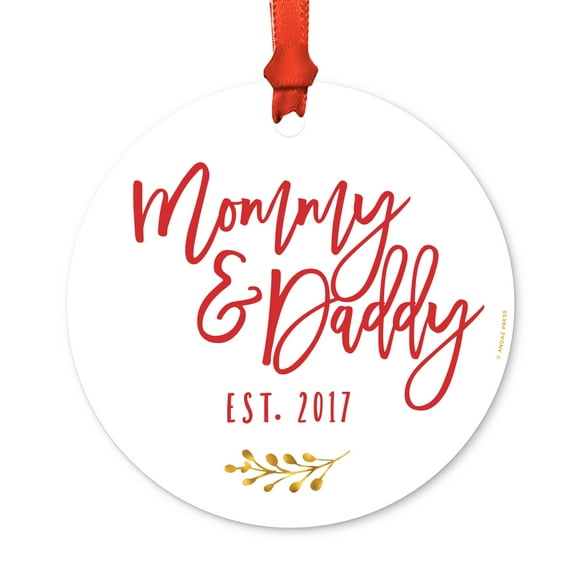 Family Metal Christmas Ornament, Mommy and Daddy Est. 2017, Includes Ribbon and Gift Bag