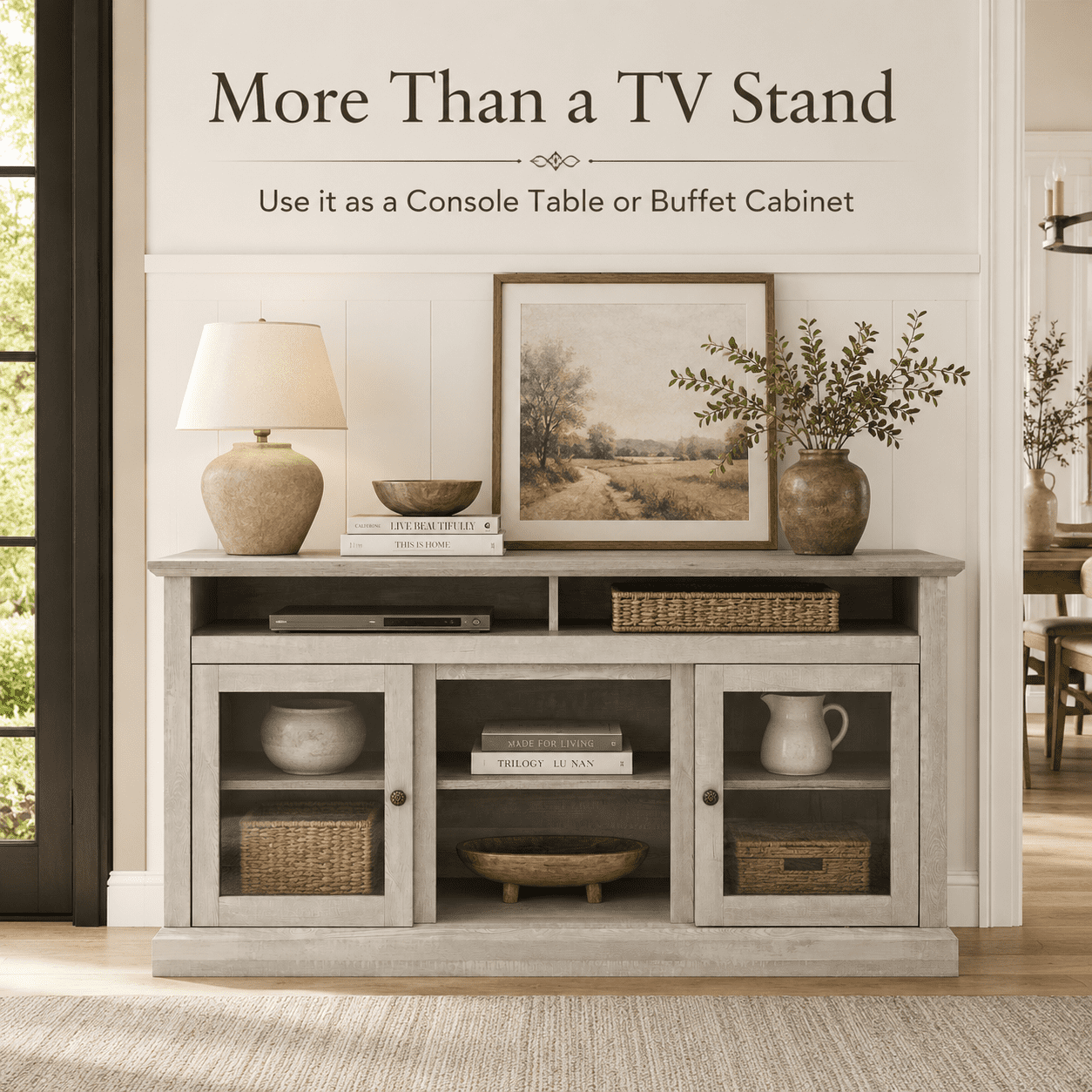 Aukfa 60" Farmhouse TV Stand for TVs up to 65", Wood Entertainment Center, Cable Management, Gray