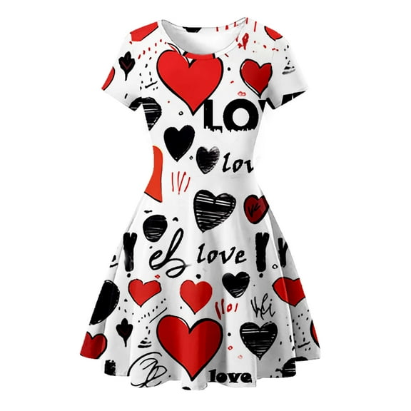DHFJKG Toddler Girls Dress Love Letter Print A-Line Short Sleeve Mini Dresses Valentine's Day Clothes Size 1-9 Years Sweet Dresses