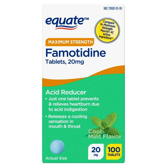 Equate Famotidine Tablets 20 mg, Cool Mint, for Heartburn, 100 Count, Compare to Maximum Strength Pepcid AC Active Ingredient