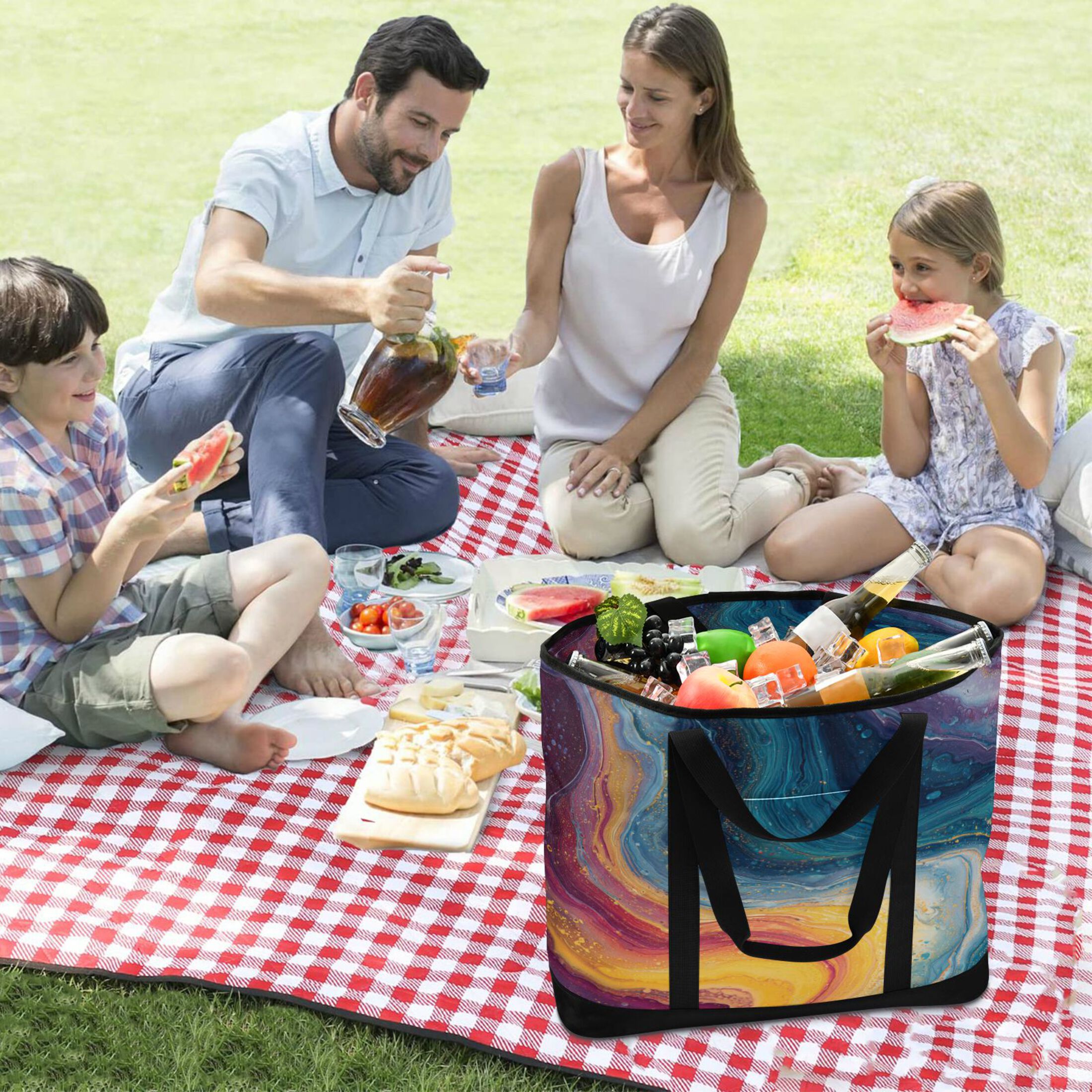Extra-Large Wide Opening Design Capacity Hand-Held Ice Pack Thickened Insulation Layer For Long-Lasting Cold Retention For Outdoor Shopping Picnics And Camping Rainbow-colored Sinuous Marble