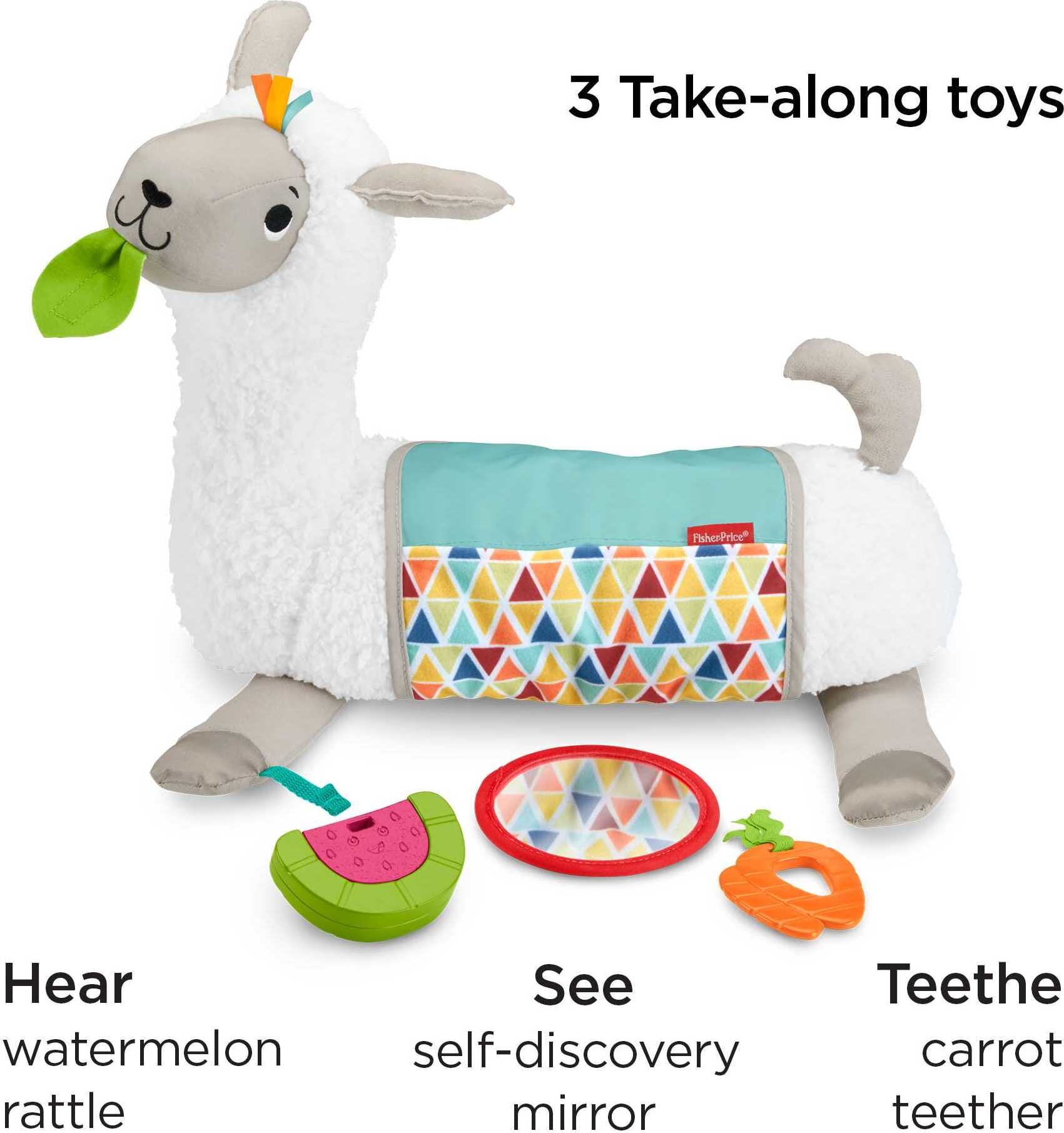 Fisher-Price Grow-with-Me-Tummy Time Llama Plush Baby Wedge with 3 Take-Along Sensory Toys, Unisex