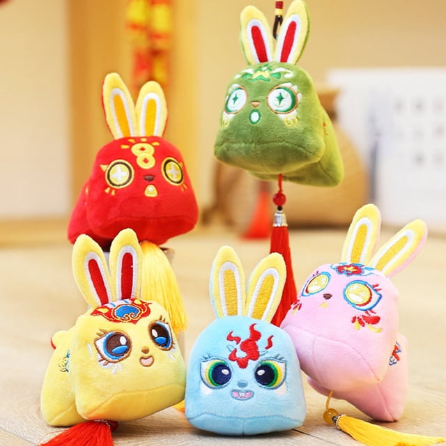 Rabbit Mascot Toy Good Resilience Full Filled Chinese Elements Tassel Pendant Embroidery Rabbit Plush Doll for Chinese New Year