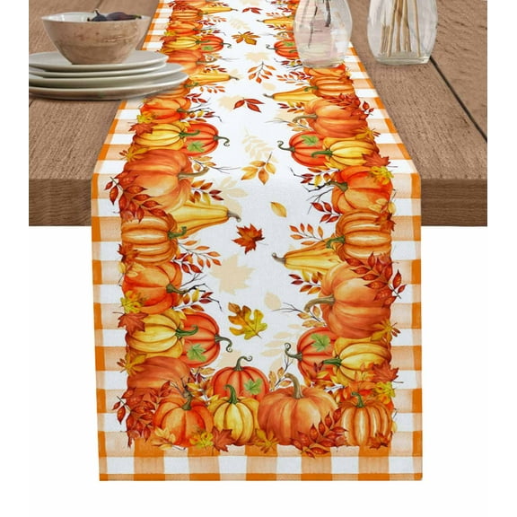 Fall Orange Pumpkin Burlap Cotton Table Runner 13x108 Inches Long, Thanksgiving Maple Leaf Plaid Check Farmhouse Table Runners, Outdoor Dining Tablecloths Decor for Baby Shower/Party/Wedding