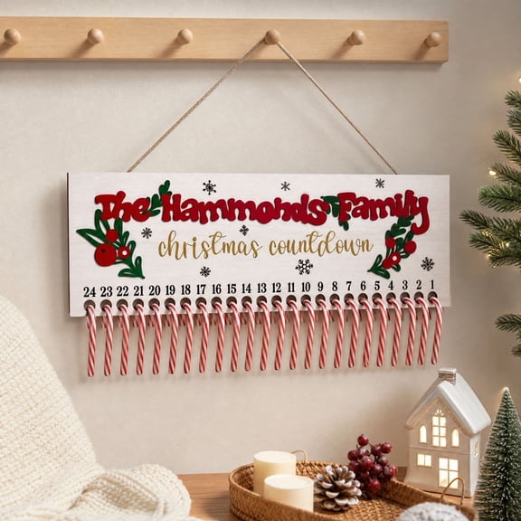Christmas Countdown Calendar Wooden Candy Cane Hanging Sign for Home Wall Holiday Advent Decoration