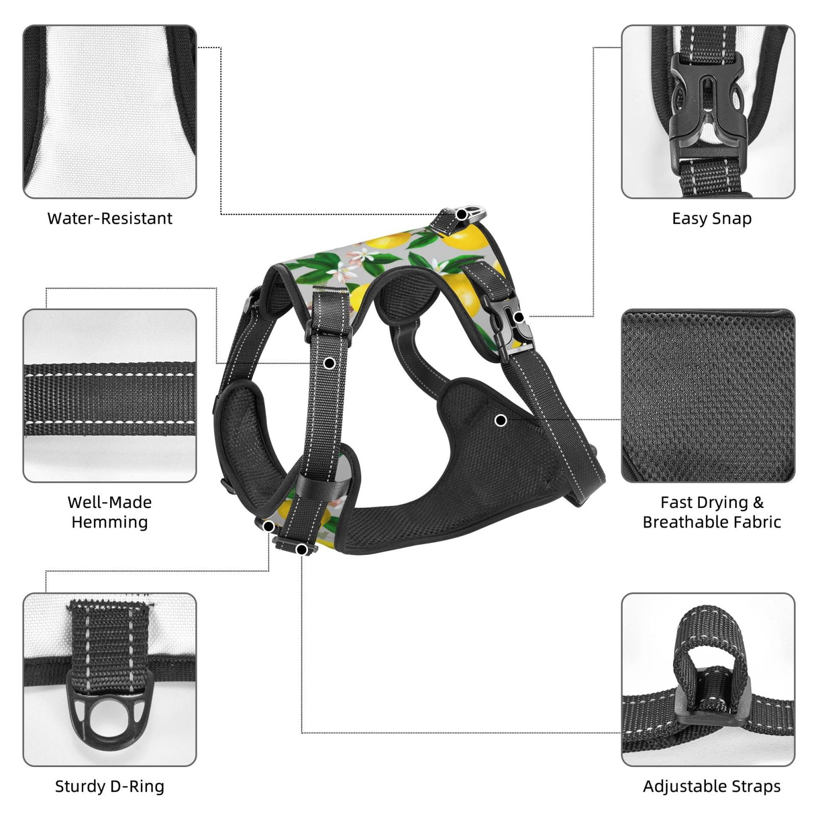 Vsdgher Lemon Seamless Pattern Oil Painting Effect Pattern Dog Harness,No Pull Pet Harness with Soft Padded Handle,Adjustable Reflective Vest with 2 Buckles,4 Slide Buckles,S-XL Large