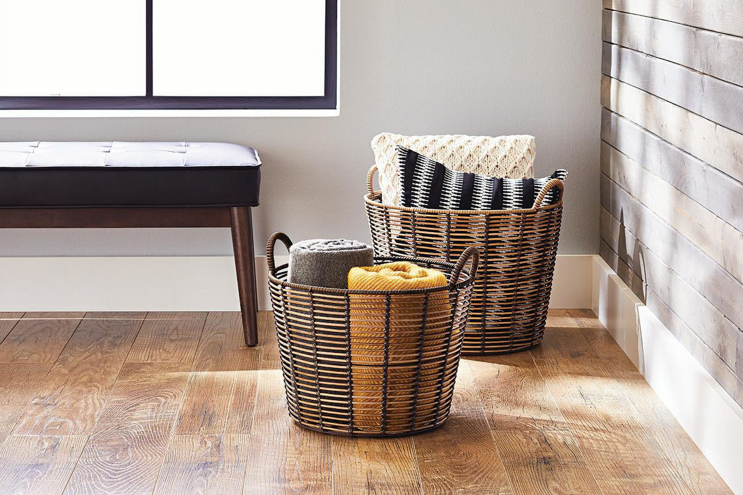 Better Homes & Gardens Extra Large Round Poly Rattan Decorative Storage Basket with Handles, 18.7 in x 16 in