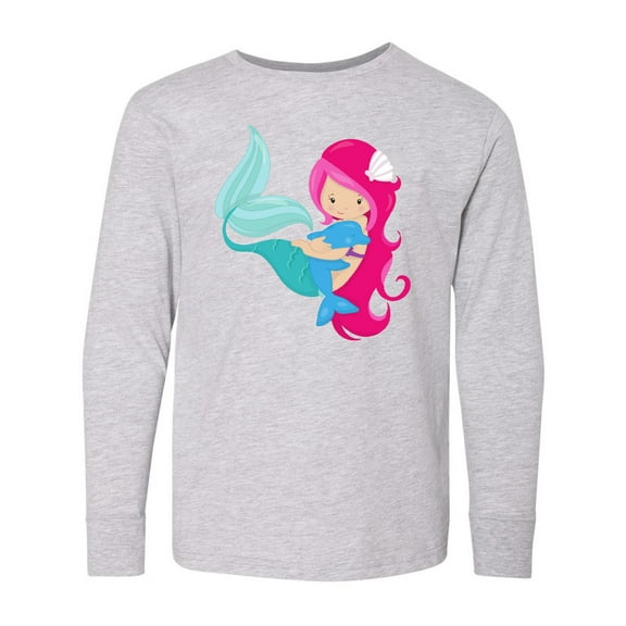 Inktastic Mermaid And Dolphin, Mermaid With Pink Hair Long Sleeve Youth T-Shirt