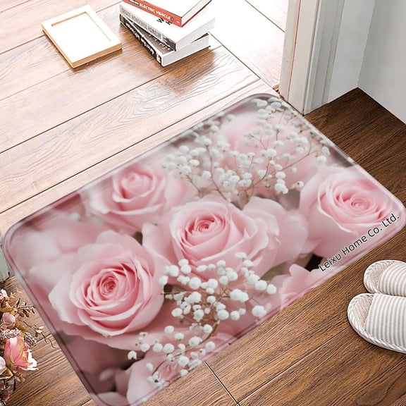 FJPT Non Slip Flannel Polyester Floor Mat With Pink Roses And Baby Breath Design For Bathroom Kitchen Bedroom Decor 16x24 inch