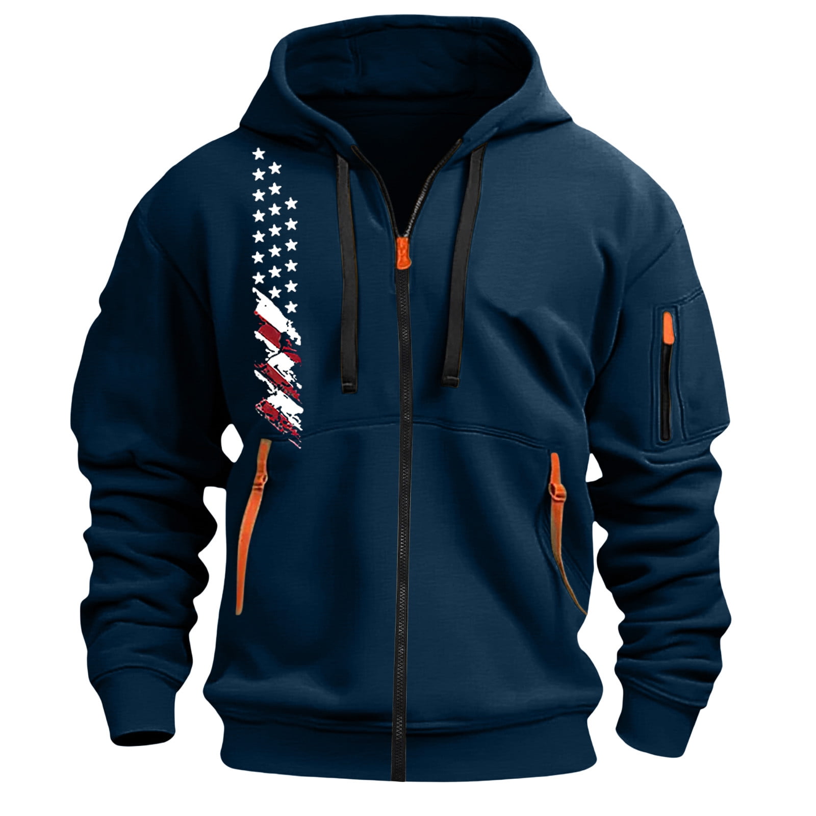 Mens Casual Hooded Sweatshirt Jacket Multi-Pocket Vintage Print Mens Casual Hooded Sweatshirt Jacket Multi-Pocket Vintage Print