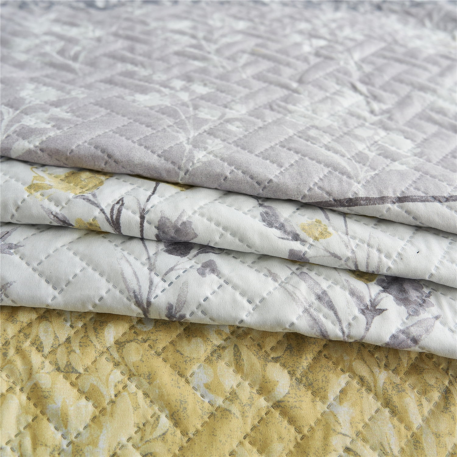 JML 3 Piece Quilt Set King Size,Lightweight Microfiber Bedspread Coverlet,Grey & Yellow Floral