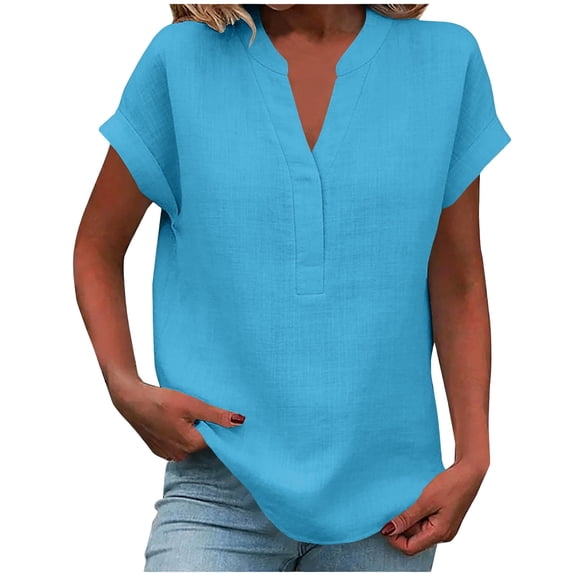 Wensltd Women Cotton Linen V Neck Blouses Loose Casual Lightweight Soft Blouses for Daily Casual Summer Outfits