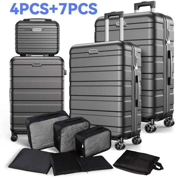 11-Piece Hardside Luggage Set with Packing Cubes– 20" Carry-On & 28" Checked Suitcase, Luggage Suitcase Set Lock & Spinner Wheels(Black)