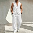 thumbnail image 2 of Mens Linen Textured Sets 2 Piece Outfits Sleeveless V Neck Shirt Vest and Pants Set Vacation Outfit for Men Summer Beach Suits White, 2 of 7