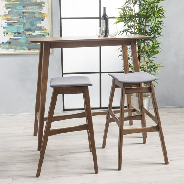 Noble House Jackie MidCentury Modern Wood 3 Piece Bar Table Set, Natural Walnut, Dark Grey