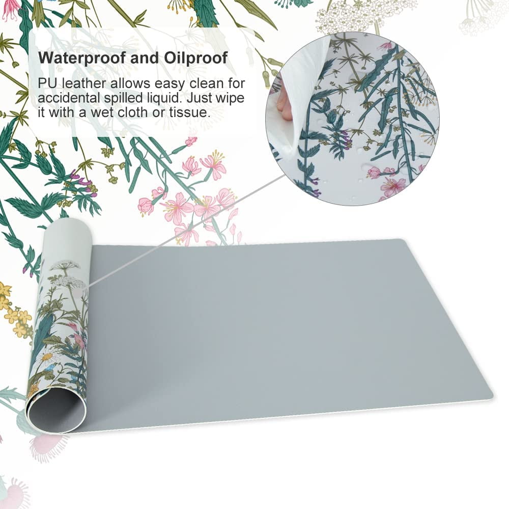 Large Desk Pad, Waterproof PU Leather Computer Desk Mat for Desktop, Wildflowers Weeds Print Cute Gaming Mouse Pad, XXL Full Desk Mousepad Non Slip Writing Pad 31.5" x 15.7" - Colorful Plants