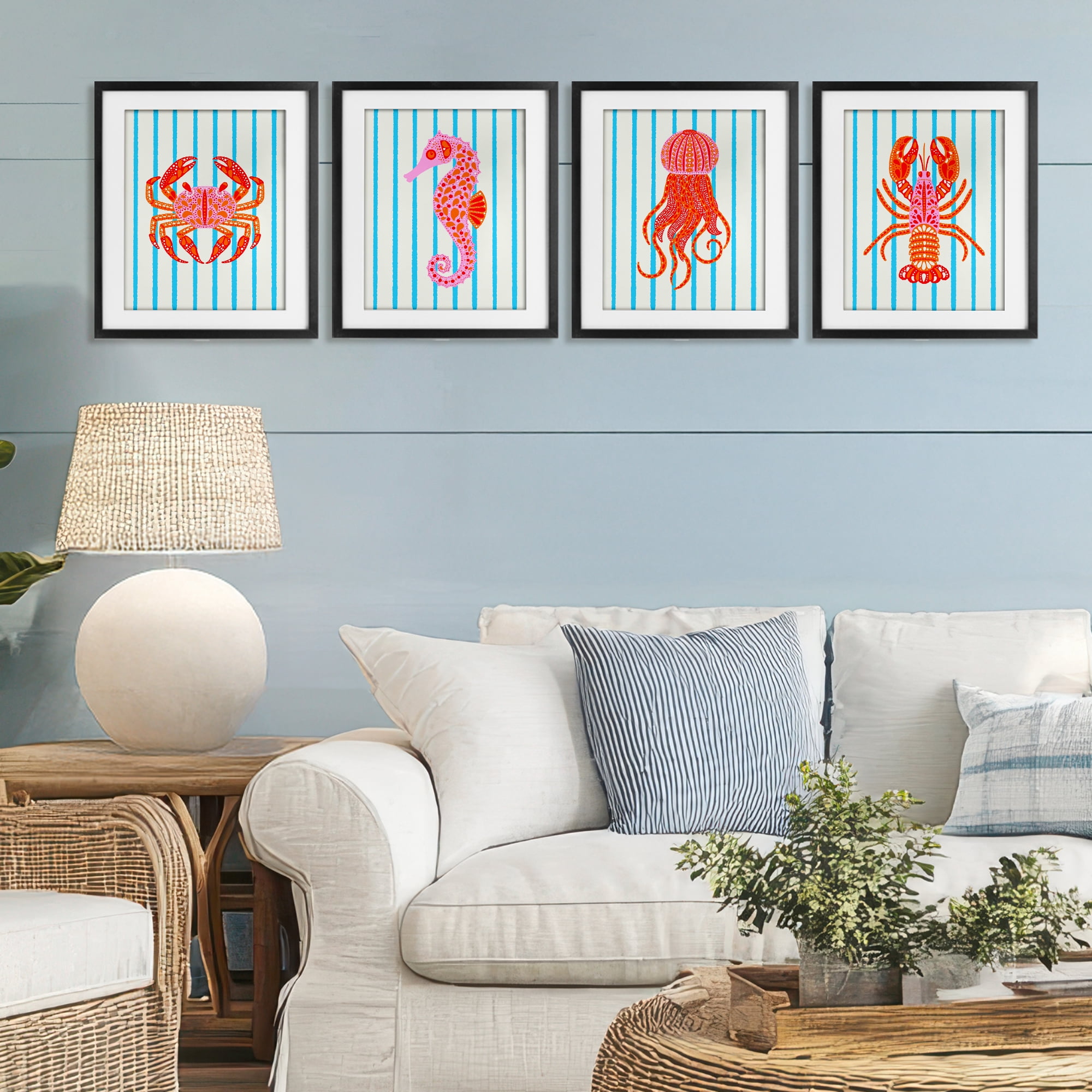 Stupell Industries Bright Sea Creatures on Stripes 4 Piece Black Framed Print Under Glass Set, design by Indira Prieto | IndySign